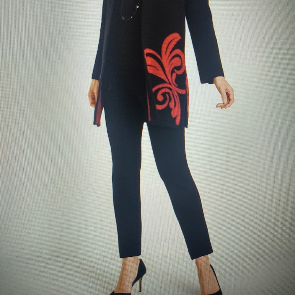 CHICO'S Open-Front Cardigan: Red + Black Swirl Size:S